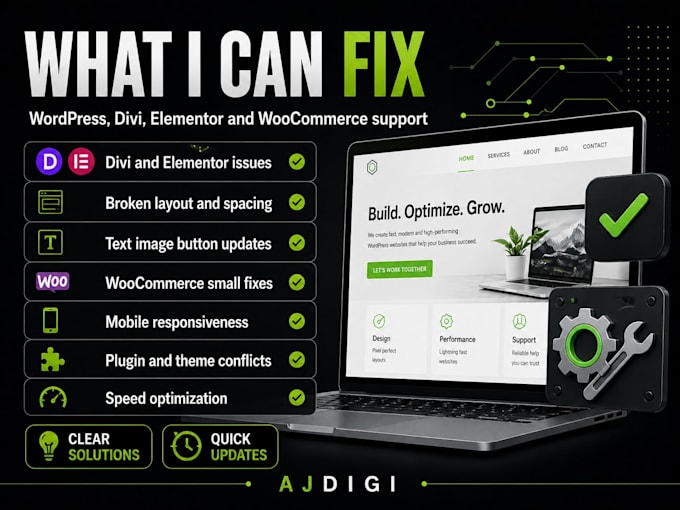 fix wordpress divi elementor woocommerce and website issues