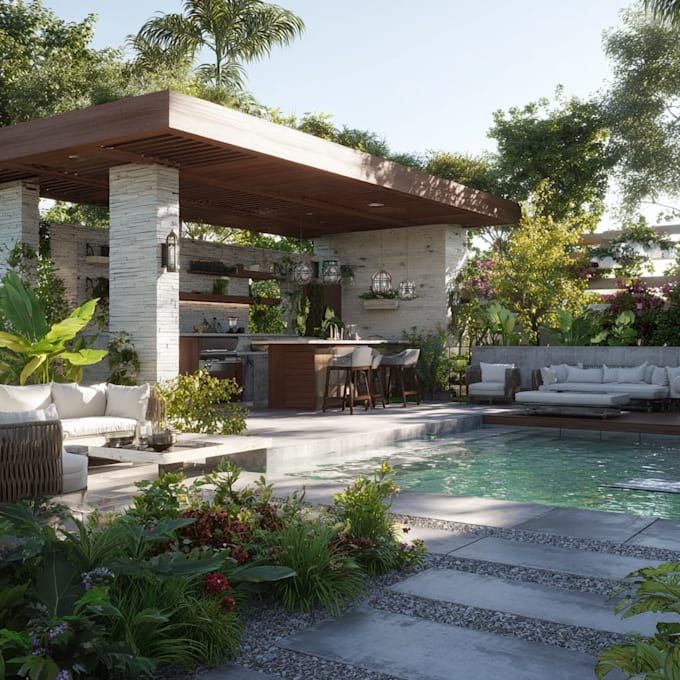 design landscape, backyard, front yard, garden, patio, pool
