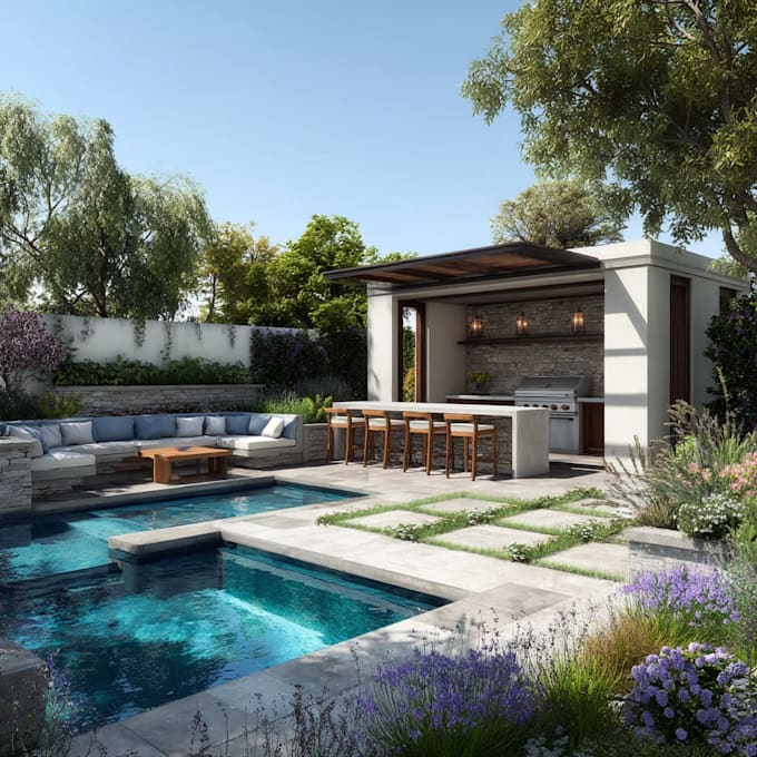 do backyard landscape design, landscape rendering, outdoor garden pool design