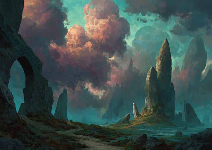 draw landscape illustration and background concept art, nft