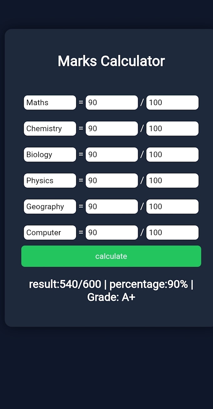 create marks percentage calculator using HTML CSS javascript