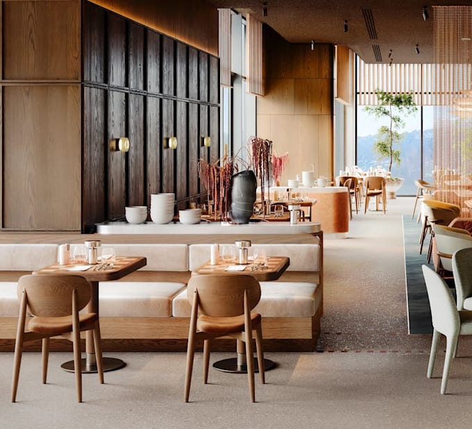 redesign 3d restaurant interior, bar cgi rendering, outdoor cafe, 2d layout plan