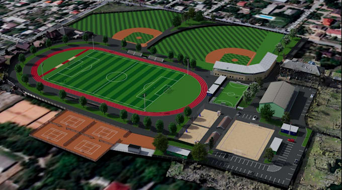 recreate 3d sport complex,baseball field, kart race track,golf course cgi render