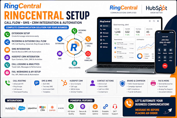 setup ringcentral API call flow SMS integration with hubspot CRM
