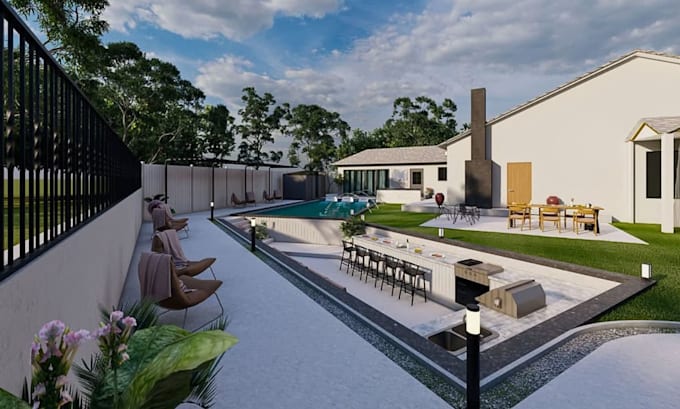 do backyard landscape design rendering, outdoor garden, patio, pool design