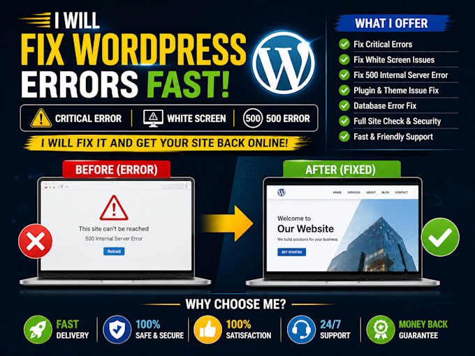fix wordpress critical error, white screen and 500 error fast