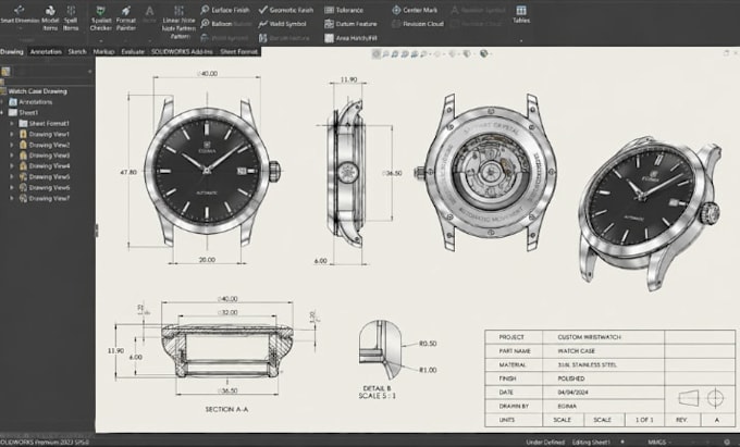 design custom 3d watch cad model, manufacturing technical drawings and animation