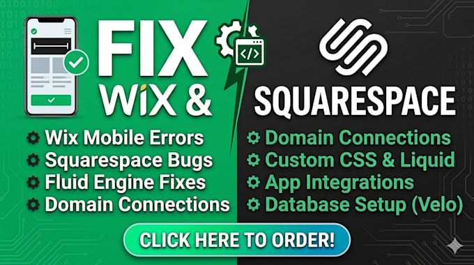 fix wix mobile responsive errors, solve squarespace bugs, and setup domain, seo