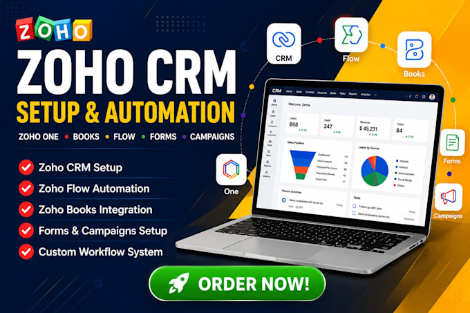 setup zoho CRM zoho flow one books campaigns forms flow and automation system