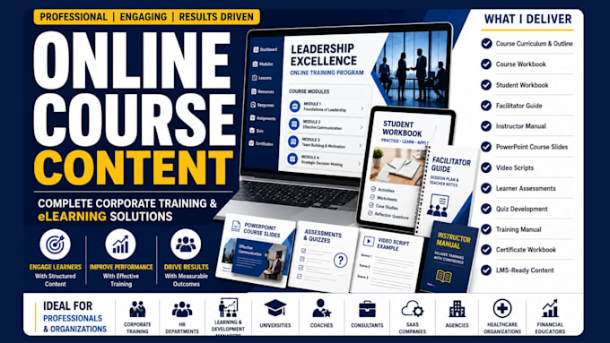 online course content, workbook, facilitator guide, PPT slides and video scripts