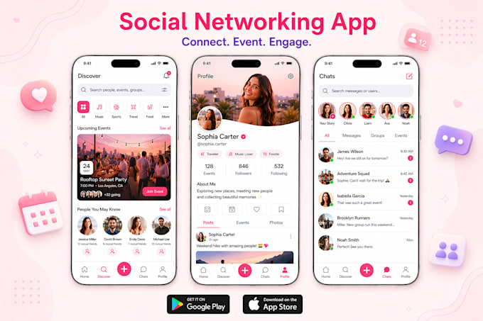 develop ai social networking app, community event and chat app