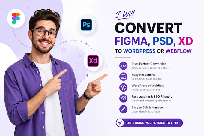 do figma to webflow, psd to wordpress or xd to html static website