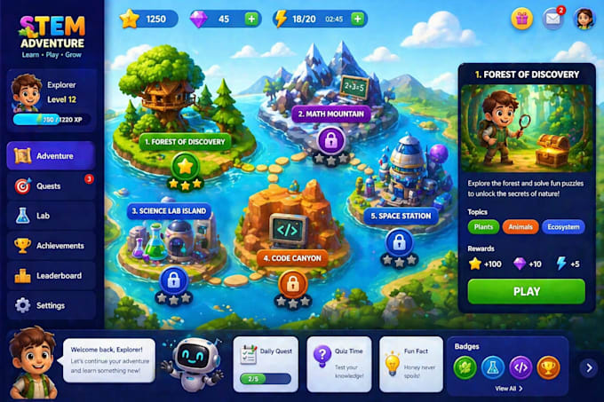 develop a kids adventure game with stem and interactive learning