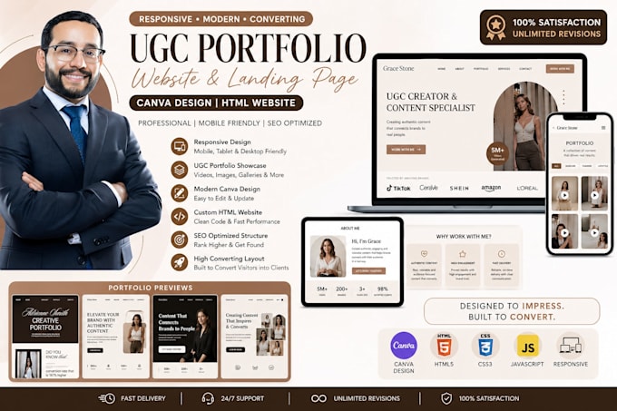 do responsive ugc portfolio website canva website landing page design html web