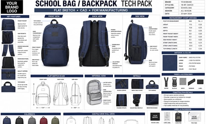 design school bag backpack tech pack cad flat sketch for manufacturing