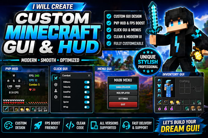 create custom minecraft gui hud, pvp gui, mod gui design and UI