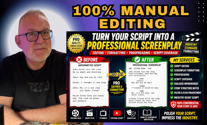 script editing, screenplay formatting proofread, do script coverage, script edit