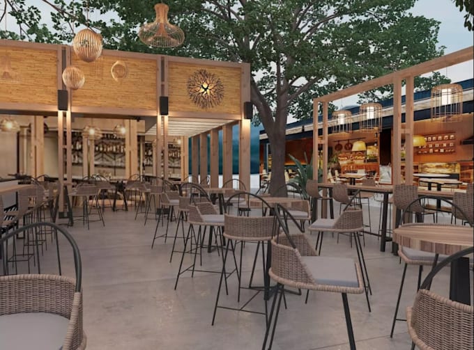 renovate 2d to 3d outdoor restaurant, interior  layout, café, bar visualization
