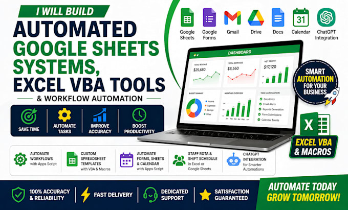 build automated google sheets systems, excel vba tools and workflow automate