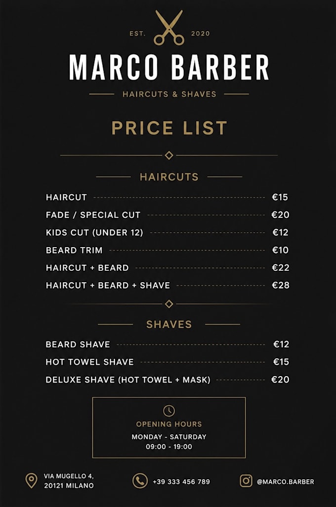 design a modern barber price list menu