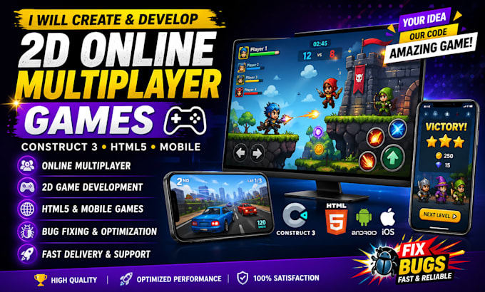 develop 2d online multiplayer game, 2d construct 3 game, html5, mobile, fix bugs