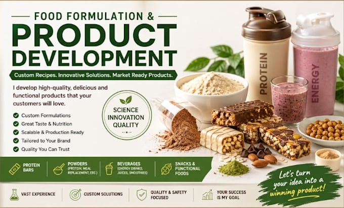 do food formulation, product development supplement, protein bars powders drinks