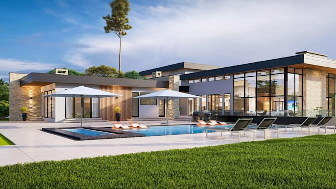 create realistic 3d villa, modern house, and residential building