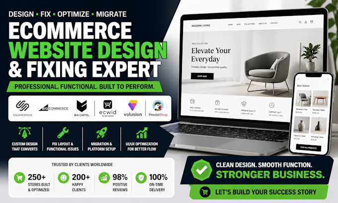design fix squarespace bigcommerce big cartel ecwid volusion prestashop website