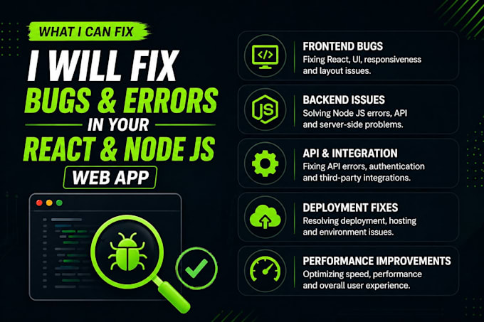 fix bugs in your react, node js, or fullstack web app fast