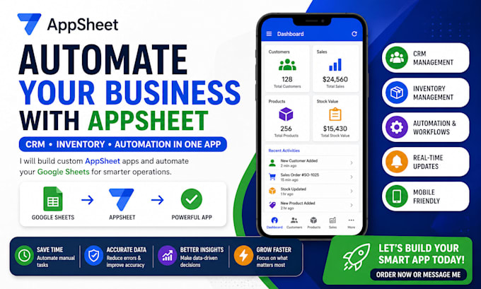 build appsheet app, automate google sheets crm, inventory management system