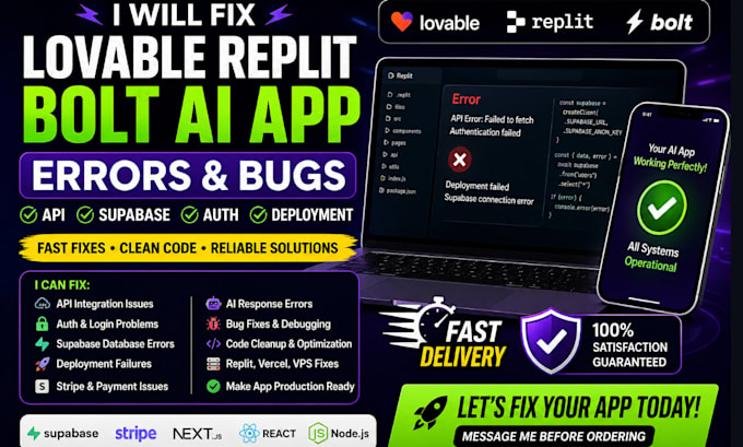 fix error, bug in lovable replit bolt app supabase auth api base44 deploy expert