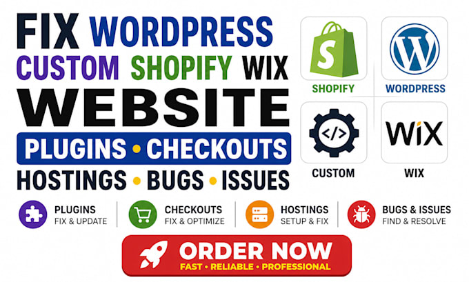 fix wordpress custom shopify wix website plugins checkouts hostings bugs issues
