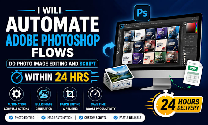 automate adobe photoshop flows do photo image editing and script within 24 hrs
