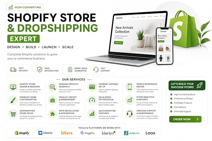 shopify store setup, shopify website design, shopify droppshipping store