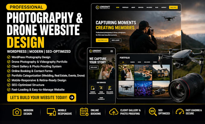 design wordpress photography drone website portfolio proofing booking website
