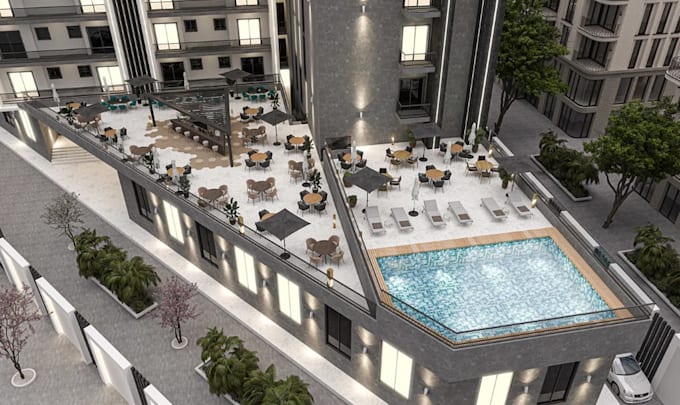 visualize unit apartment, multistory residential building,rooftop terrace render