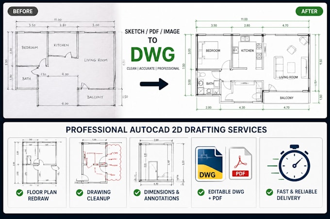 Convert pdf to auto cad dwg floor plan from image or sketch by ...