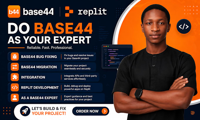 do base44 bug fixing, base44 migration, integration,  and replit development