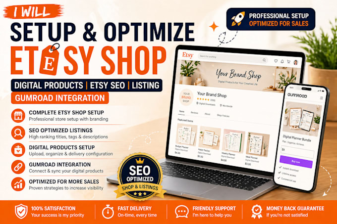 setup etsy shop, digital products, etsy SEO listing and optimize your etsy store