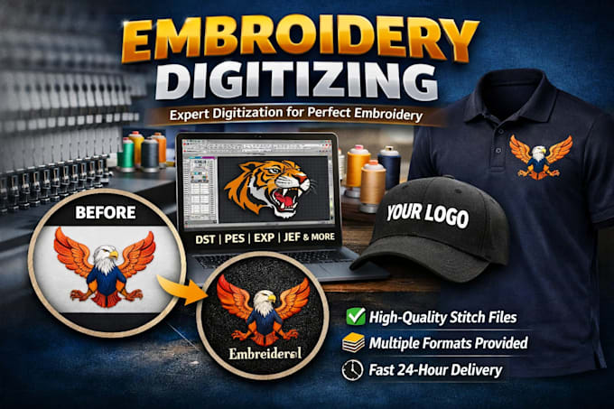 convert logo into embroidery digitizing file dst pes jef emb in 1 hour, patch