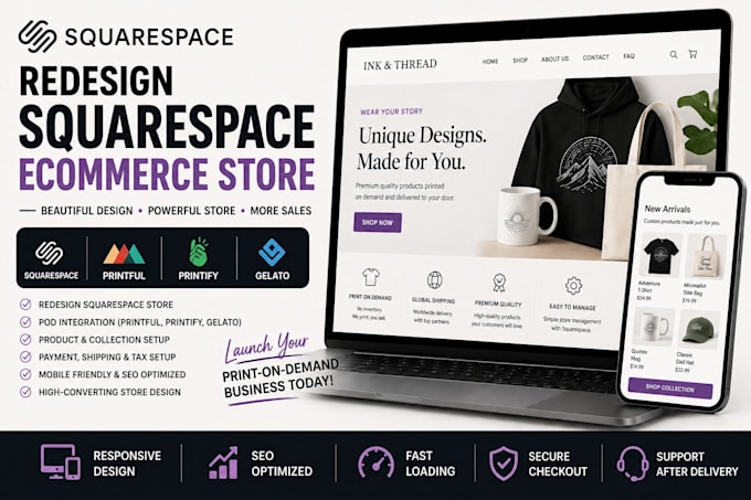 redesign squarespace ecommerce online store setup printful printify gelato pod