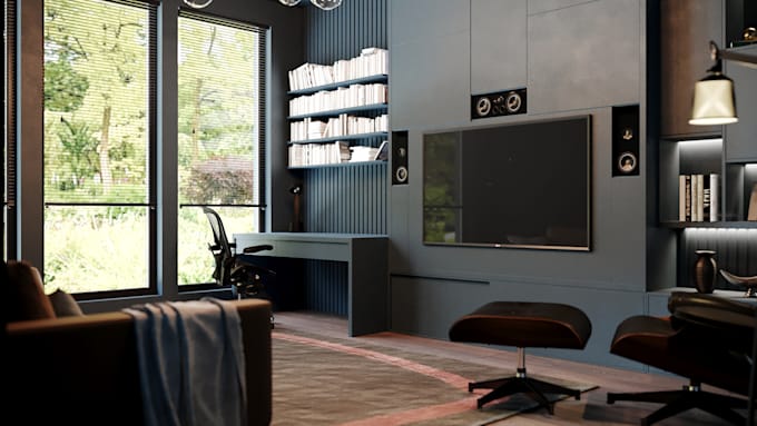 design a stylish home office interior with realistic 3d renderings