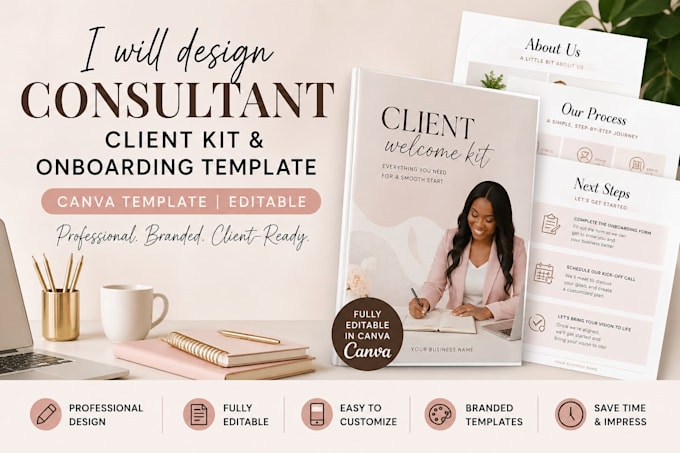 design consultant client kit, onboarding, canva template, editable