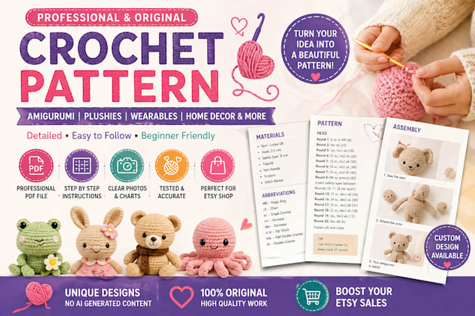 write crochet pattern, amigurumi crochet pattern PDF for etsy shop