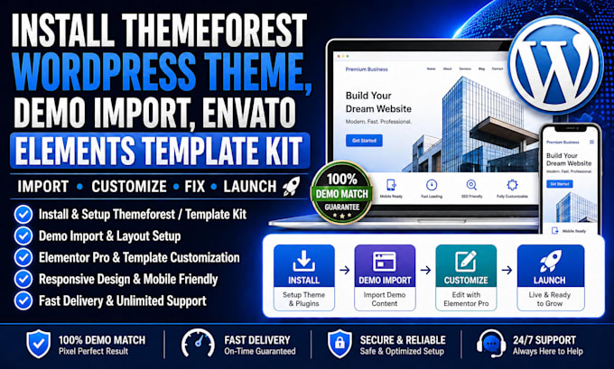 install themeforest wordpress theme, demo import, envato elements template kit