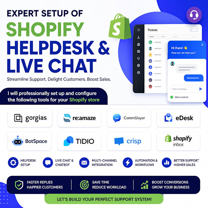 setup shopify helpdesk gorgias reamaze commslayer edesk botspace tidio crisp sb