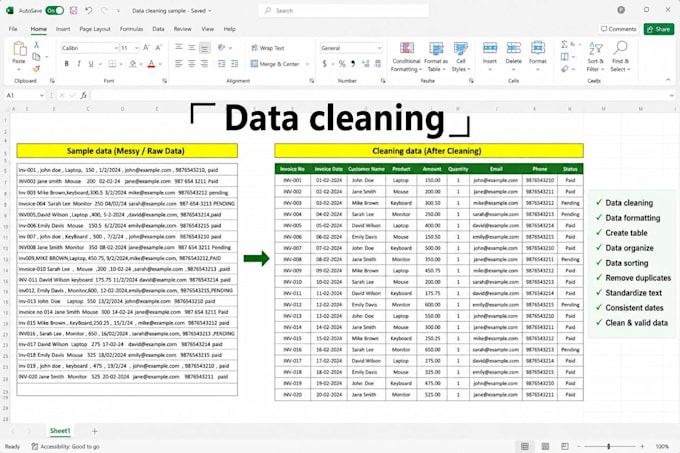 do excel data cleaning,formatting,data cleanup or csv files