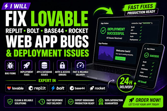 fix lovable replit bolt base44 rocket web app bugs and deployment