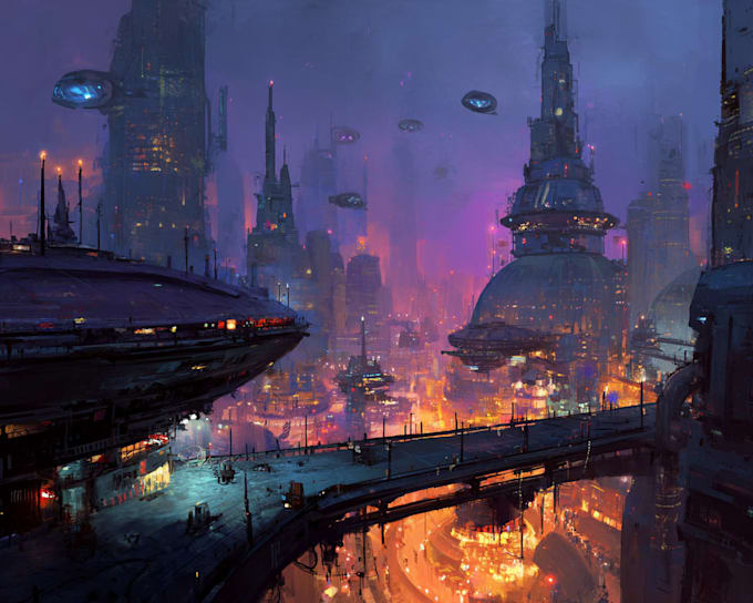 draw futuristic neon cityscape concept art