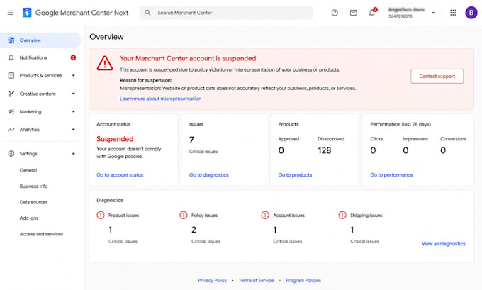 fix all errors in google merchant center and misrepresentation